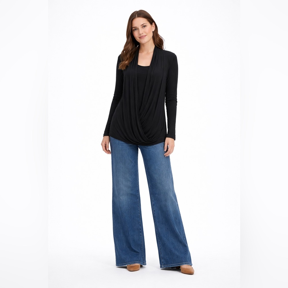 Cabi Women’s Classic Long Sleeve Black Fickle Front Draped Blouse Size Medium